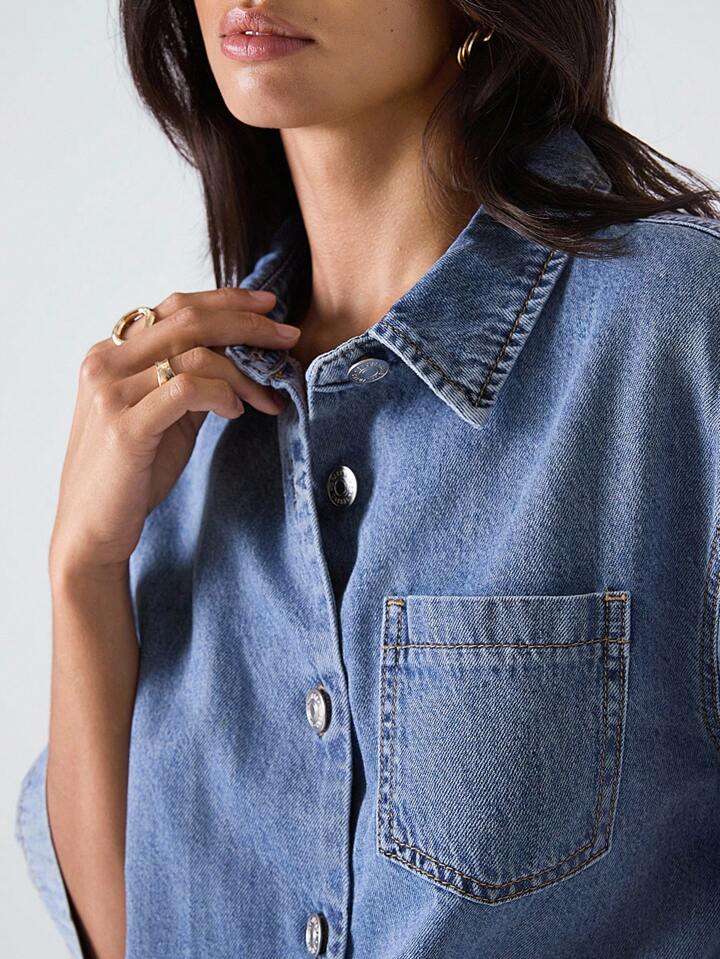 CM-JS350635 Women Casual Seoul Style Medium Wash Collar Neckline Short Sleeve Loose Denim Jumpsuit