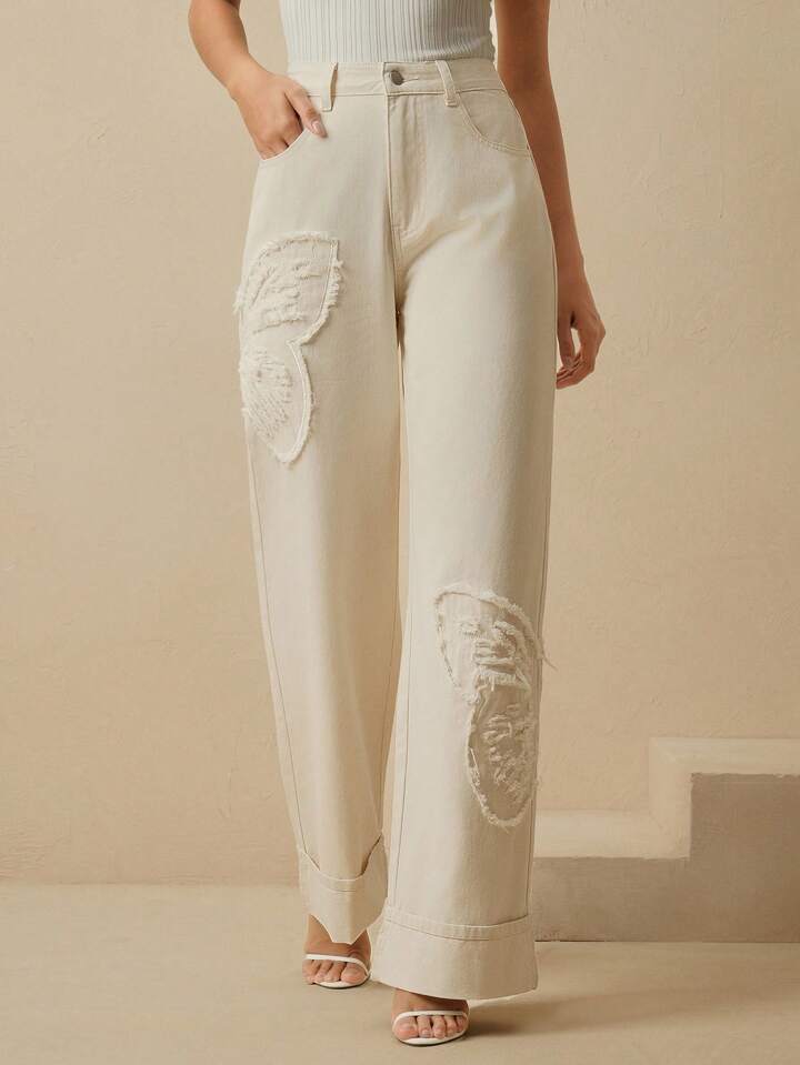 CM-BS822212 Women Casual Seoul Style Mid Waist Embroidered Straight Leg Jeans - Apricot