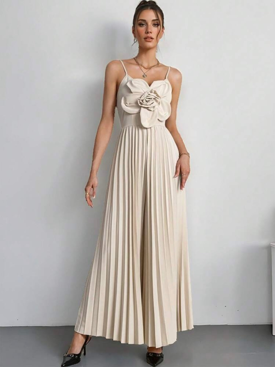 CM-JS204264 Women Elegant Seoul Style V-Neck Spaghetti Strap 3D Floral Wide Leg Jumpsuit