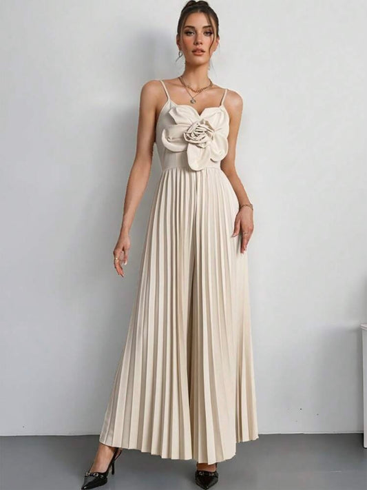 CM-JS204264 Women Elegant Seoul Style V-Neck Spaghetti Strap 3D Floral Wide Leg Jumpsuit