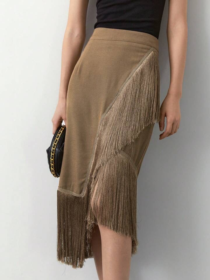 CM-BS733235 Women Trendy Bohemian Style Patchwork Tassel Knitted Skirt - Mocha Brown