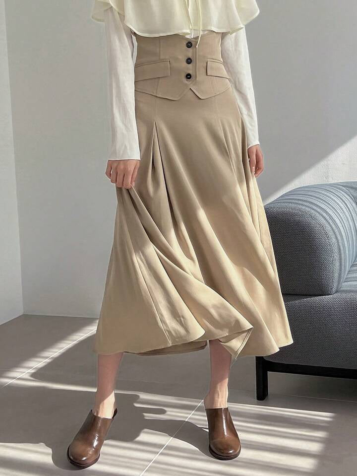 CM-BS000500 Women Trendy Bohemian Style High Waist Button Detail Skirt - Khaki