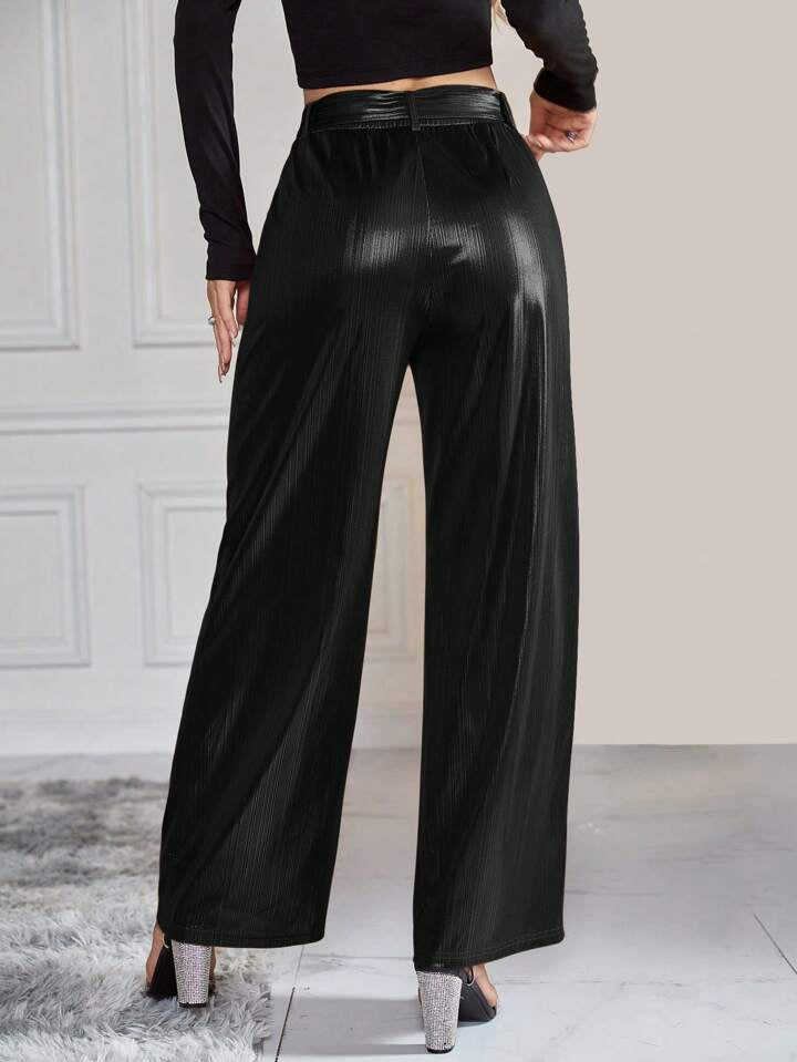 CM-BS949555 Women Elegant Seoul Style High Waist Belted Metallic Wide Leg Pants - Black