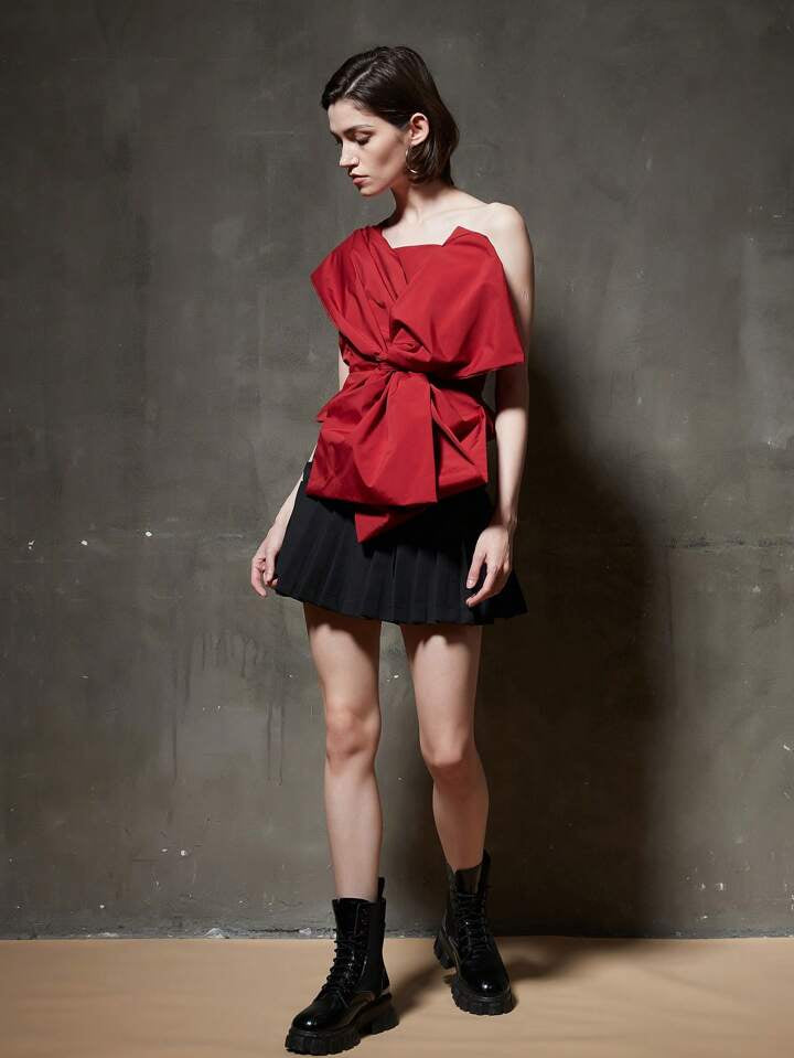 CM-TS757520 Women Casual Seoul Style Front Bow Asymmetrical Collar Blouse - Red