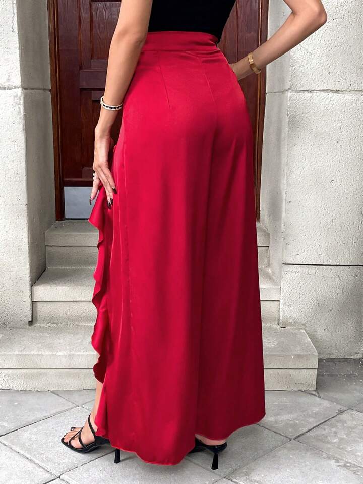 CM-BS755952 Women Casual Seoul Style High Waist Ruffle Hem High Slit Wide Leg Pants - Red
