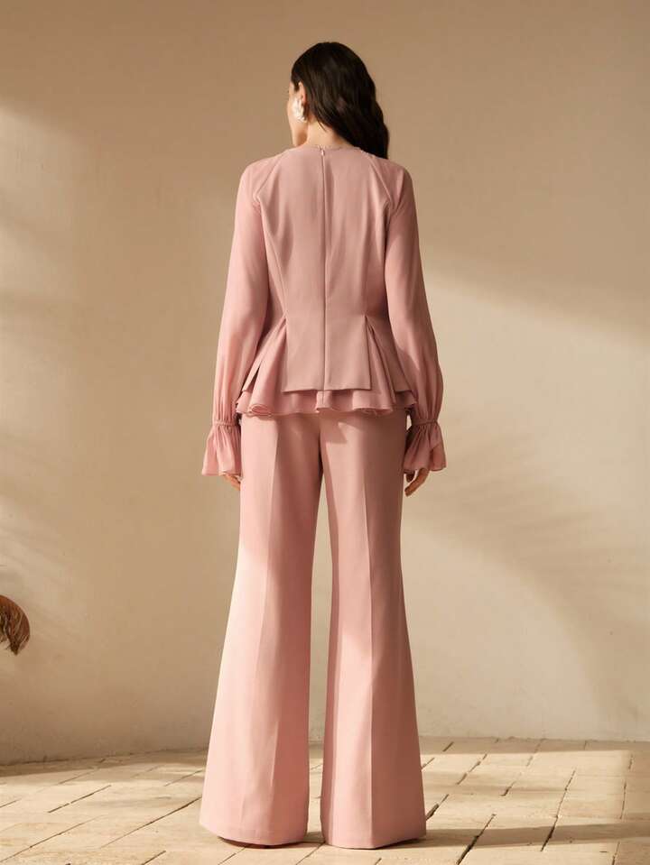 CM-SS484485 Women Elegant Seoul Style Round Neck Long Sleeve Chiffon Patchwork Blouse With Flared Leg Pants - Set