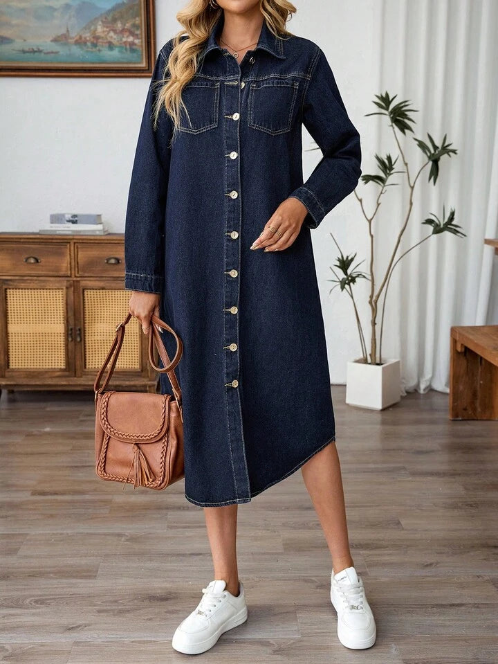 CM-DS739697 Women Elegant Seoul Style Solid Dark Wash Color Collar Neckline Long Sleeve Denim Dress