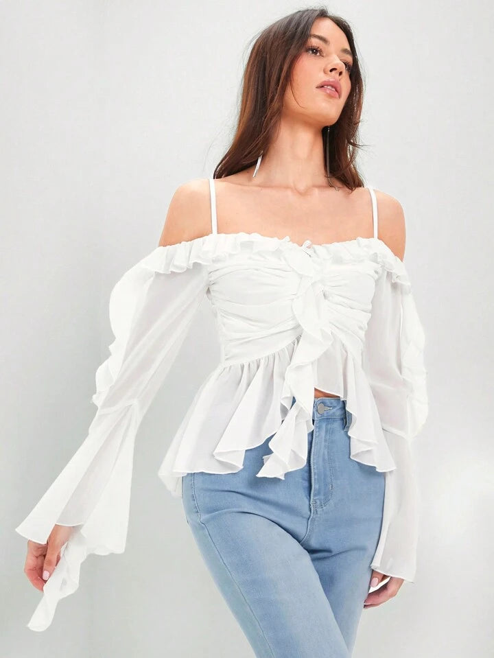 CM-TS063968 Women Trendy Bohemian Style Off-Shoulder Ruffle Hemline Pleats Shirts - White