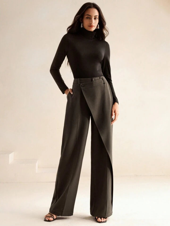 CM-BS888663 Women Elegant Seoul Style Asymmetrical Draping Cross-Wrap Pockets Straight-Leg Pants - Gray