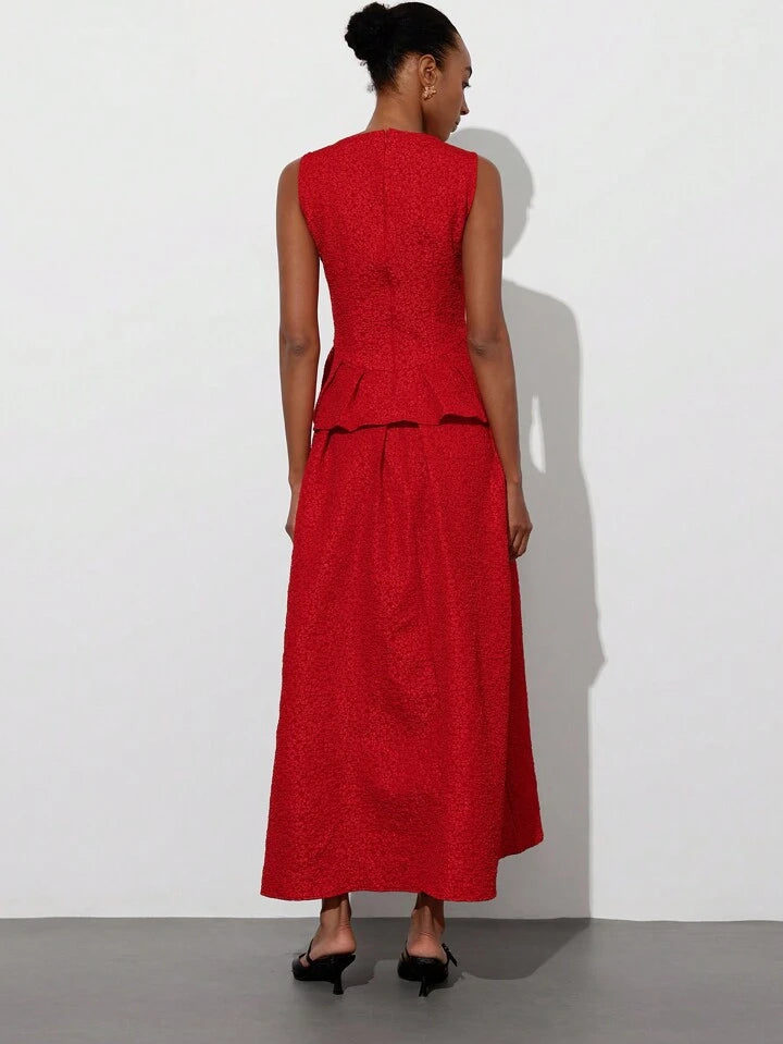 CM-SS678805 Women Elegant Seoul Style Sleeveless Jacquard Top With Layered Waist Detail Extra Long Skirt - Set