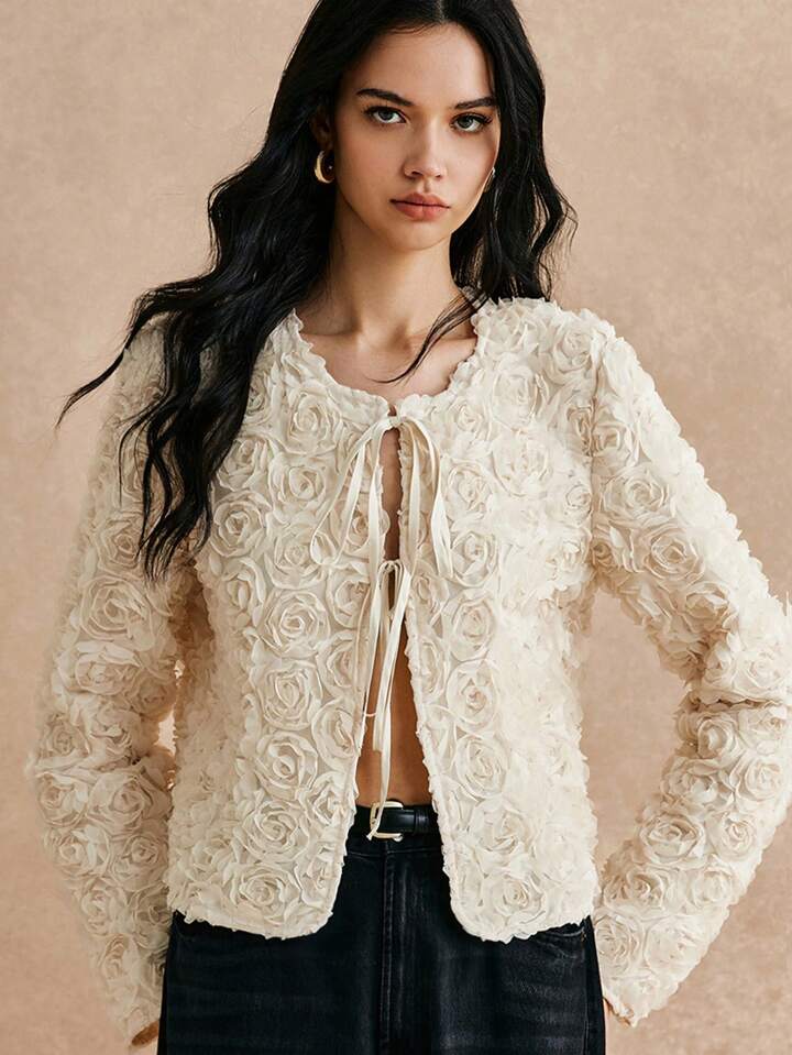 CM-CS312495 Women Elegant Seoul Style 3D Floral Lace-Up Placket Tie Front Long Sleeve Jacket