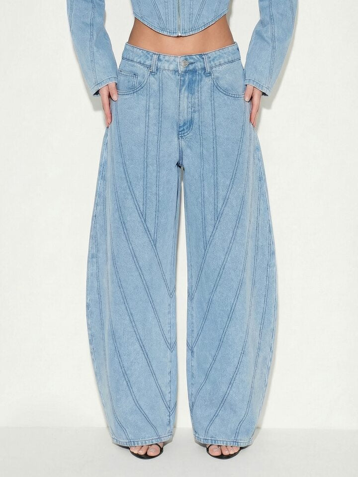 CM-BS077957 Women Casual Seoul Style Low Waist Extra Long Baggy Wide Leg Jeans - Blue