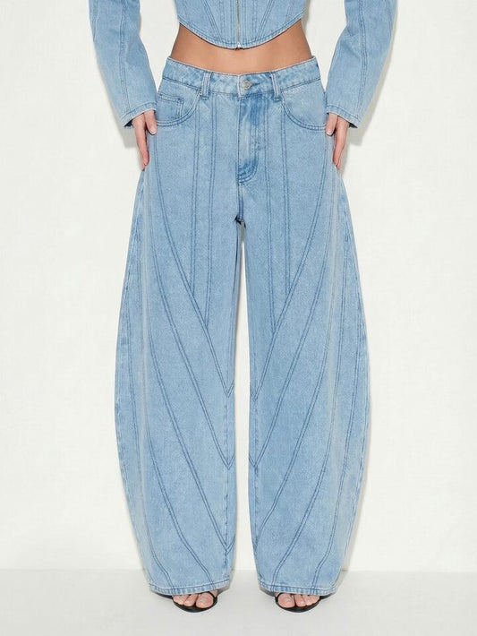 CM-BS077957 Women Casual Seoul Style Low Waist Extra Long Baggy Wide Leg Jeans - Blue