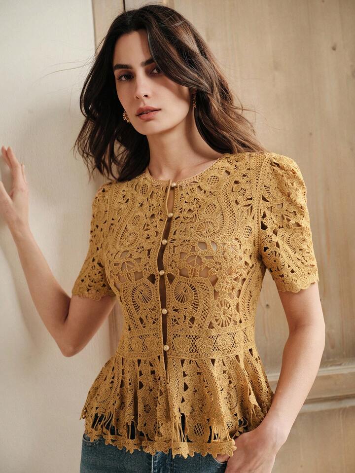 CM-TS411908 Women Casual Seoul Style Round Neck Short Sleeve Hollow Floral Patterned Waist A-Line Knit Top - Yellow