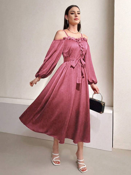 CM-DS948731 Women Casual Seoul Style Off-Shoulder Long Sleeve A-Line Dress With Belt - Pink