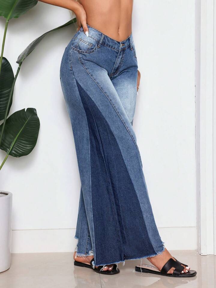 CM-BS102781 Women Casual Seoul Style Loose Fit Pocket Button Front Patchwork Denim Pants