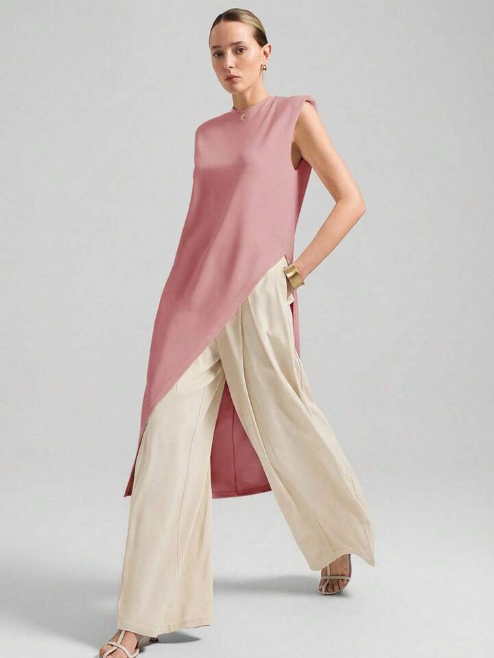 CM-TS641430 Women Casual Seoul Style Round Neck Wide Shoulder Sleeveless Asymmetric Hem Mid-Length Top - Pink