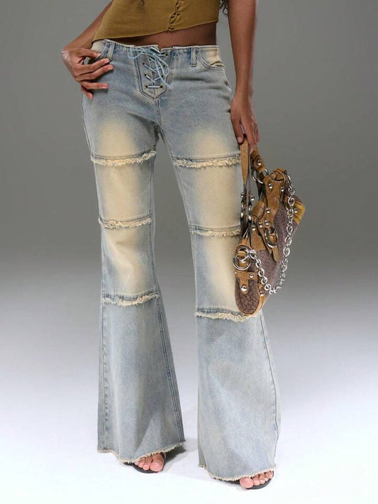 CM-BS321317 Women Casual Seoul Style Distressed Washed Tie Detail Flare Fitted Jeans