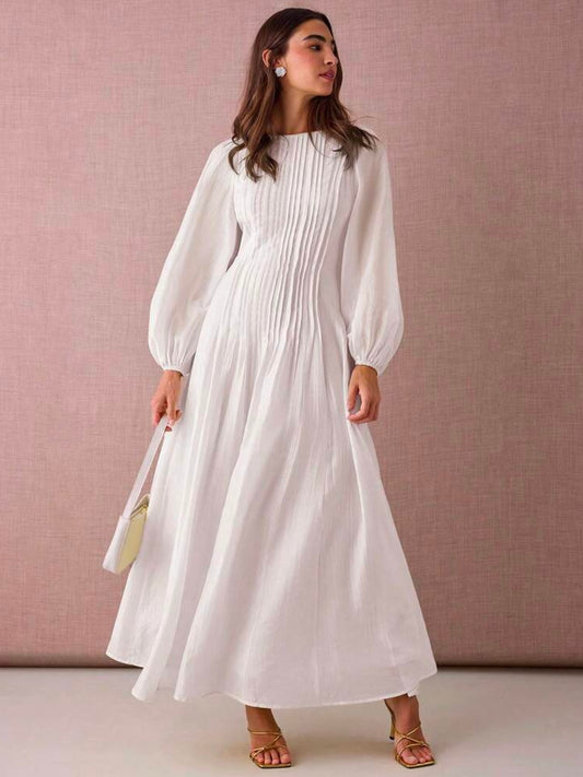 CM-DS929272 Women Elegant Seoul Style Round Neck Lantern Sleeve Pleated Design A-Line Maxi Dress - White