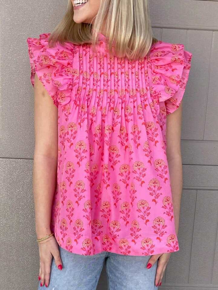 CM-TS835595 Women Trendy Bohemian Style Floral Print Fly Sleeves Ruffled High Neck Blouse - Pink