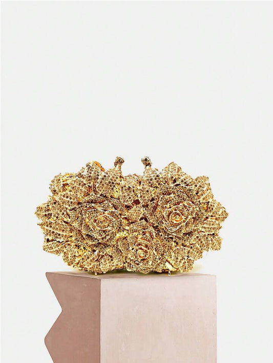 CM-BGS770599 Women Elegant Seoul Style Glitter Bling Floral Design Crystal Metal Rhinestone Clutch Bag - Gold