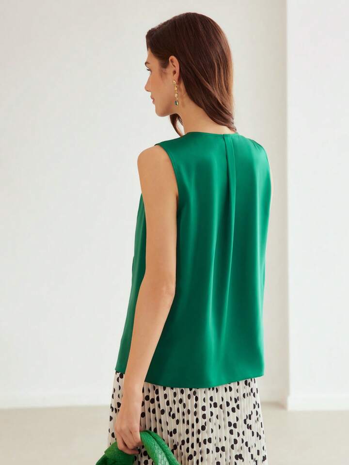 CM-TS398050 Women Elegant Seoul Style Solid Color V-Neck Sleeveless Blouse - Green