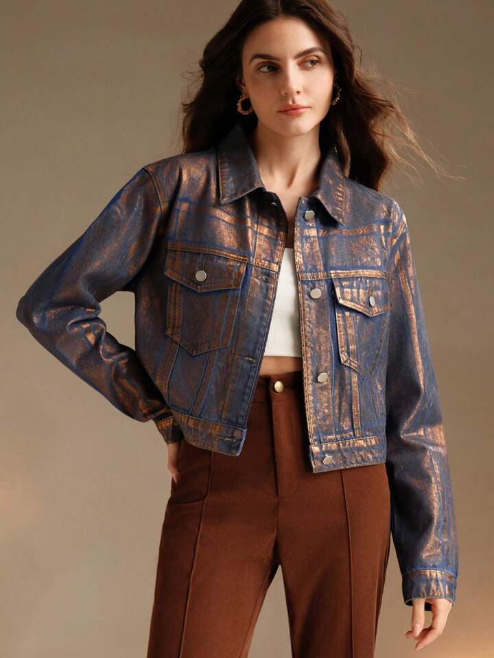 CM-CS152049 Women Casual Seoul Style Embossed Gold Foil Distressed Long Sleeve Denim Jacket