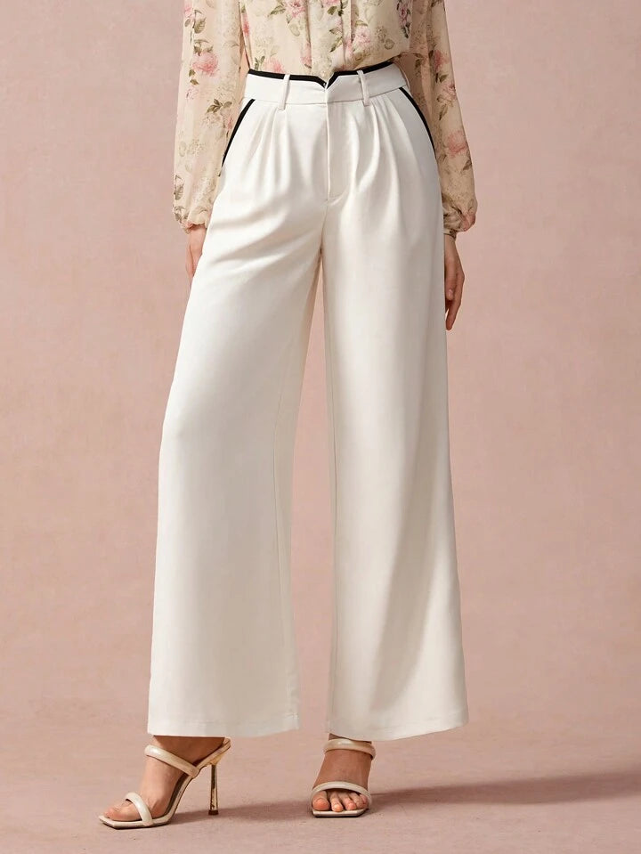 CM-BS976726 Women Casual Seoul Style Contrast Trim Slant Pocket Wide Leg Pants - Apricot