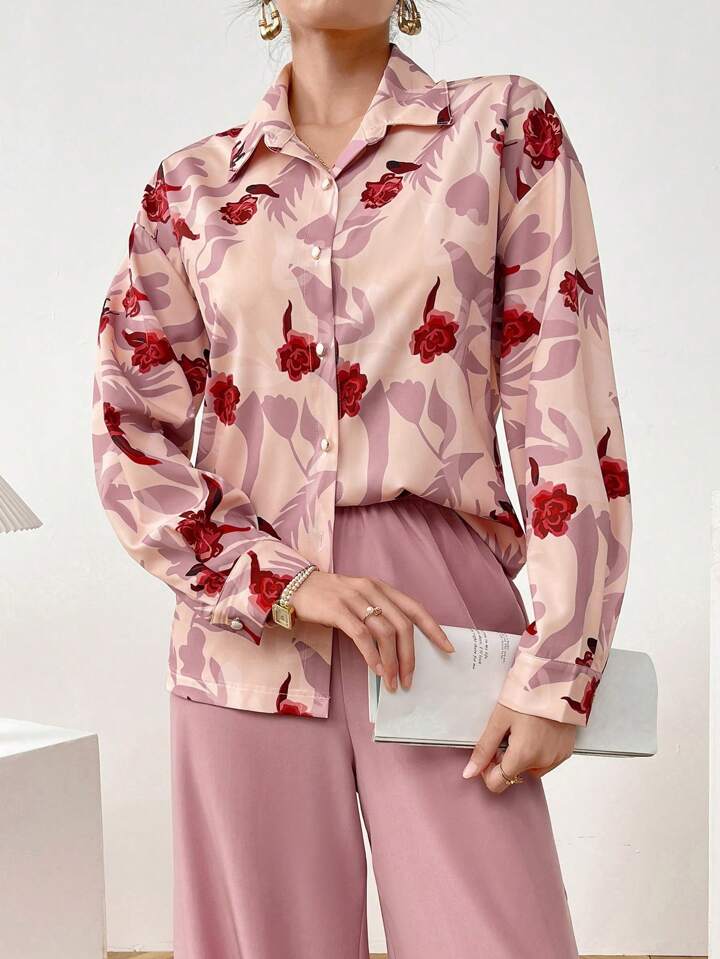 CM-SS278949 Women Casual Seoul Style Floral Front Button Long Sleeve Blouse With Pants - Sets