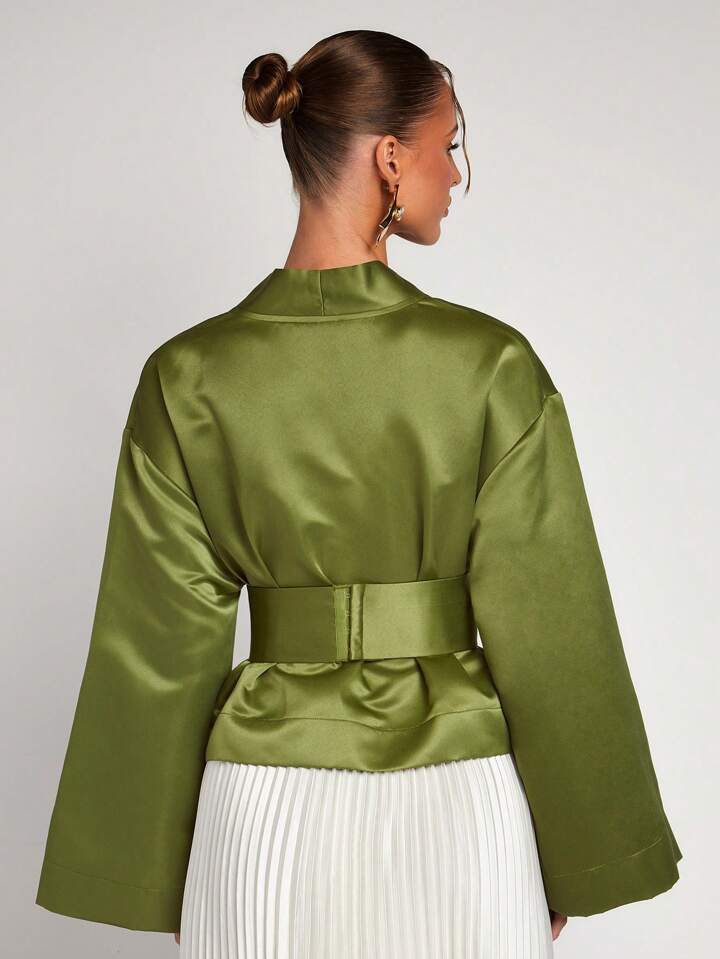 CM-TS808575 Women Elegant Seoul Style Solid Color V-Neck Wrap Flared Sleeve Blouse - Green