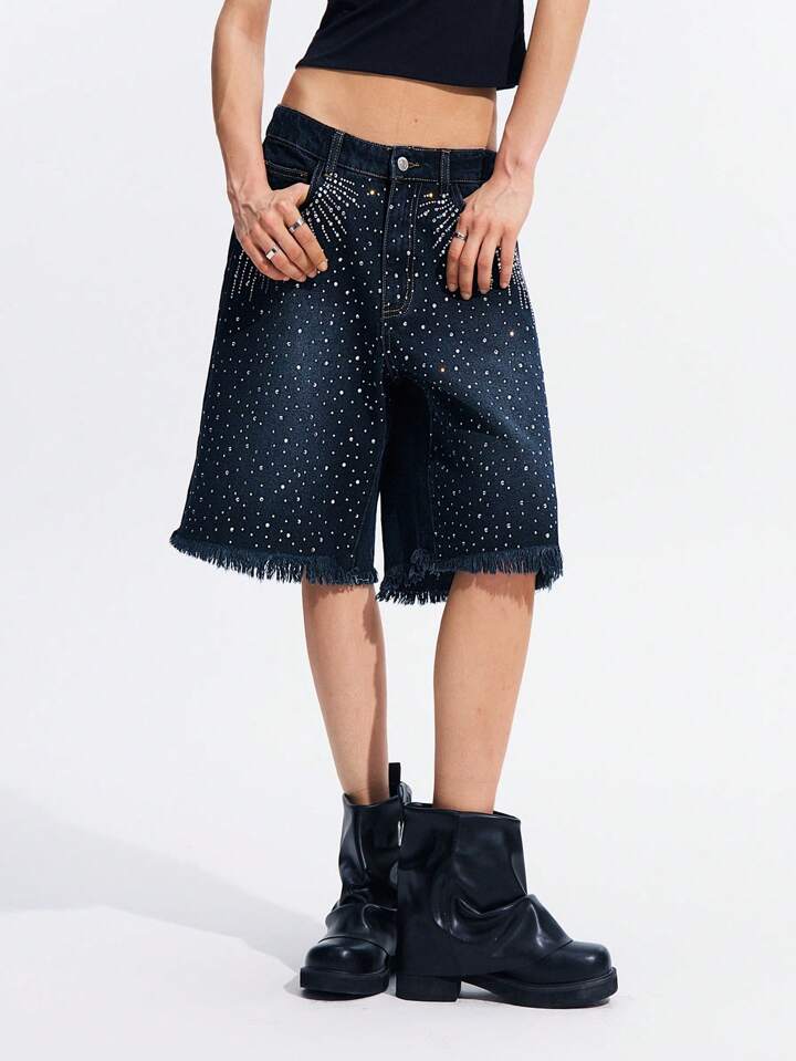 CM-BS943987 Women Casual Seoul Style Rhinestone Side Pockets Drop Waist Loose Denim Shorts