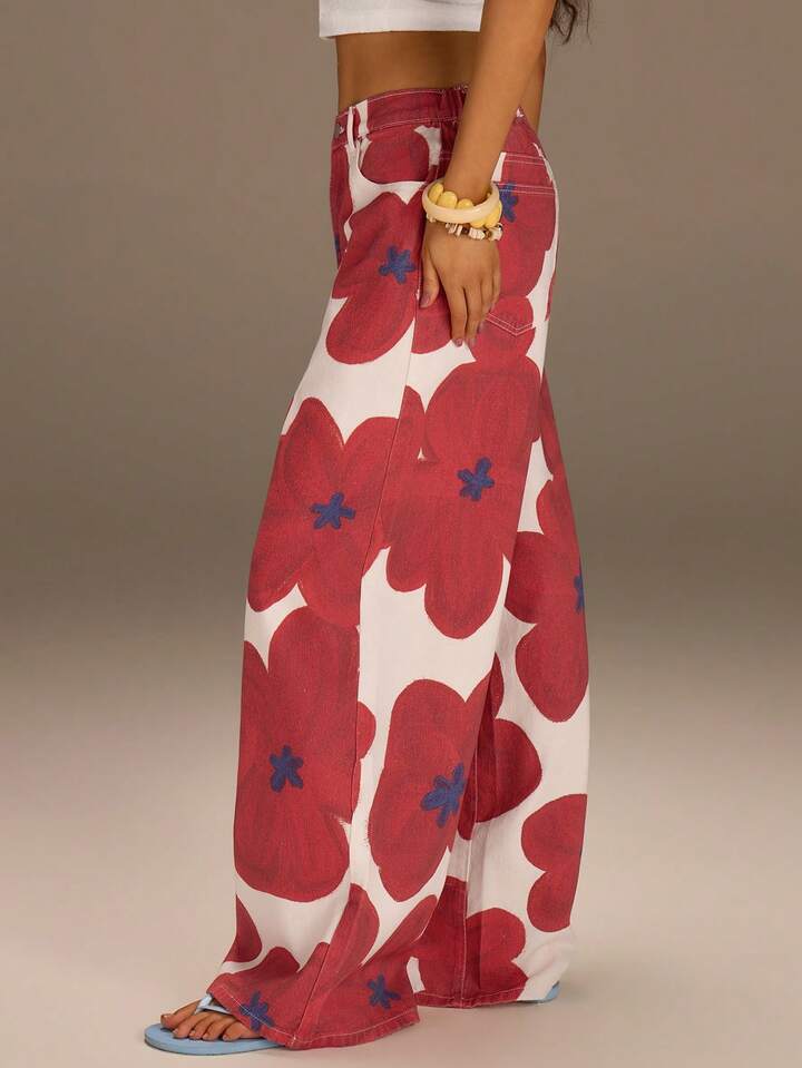 CM-BS033640 Women Casual Seoul Style Floral Print Mid Waist Floral Print Wide Leg Denim Jeans