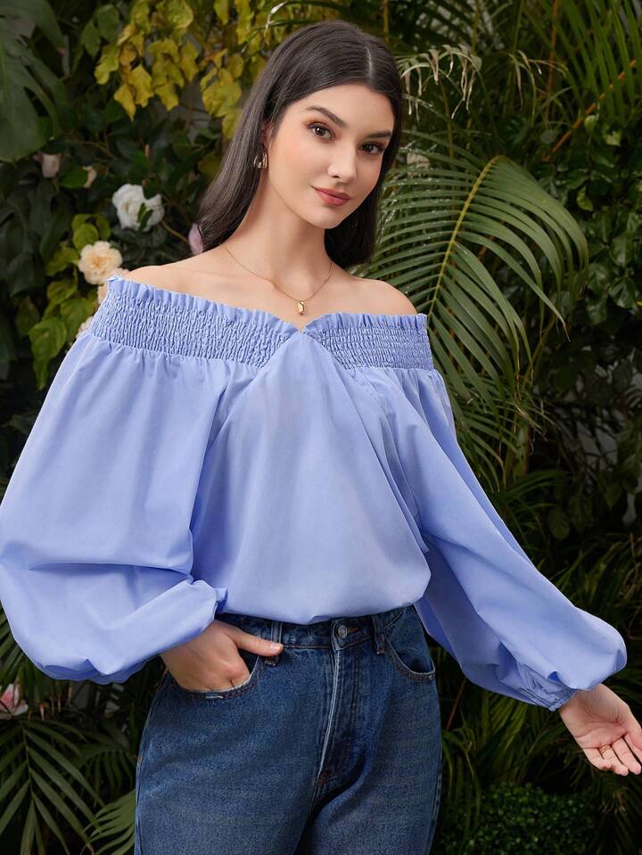 CM-TS936275 Women Casual Seoul Style Off Shoulder Lantern Sleeve Shirt - Blue
