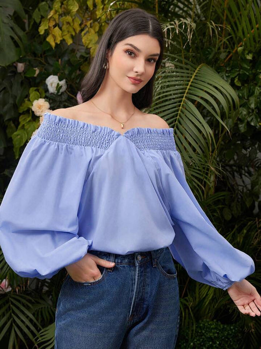 CM-TS936275 Women Casual Seoul Style Off Shoulder Lantern Sleeve Shirt - Blue