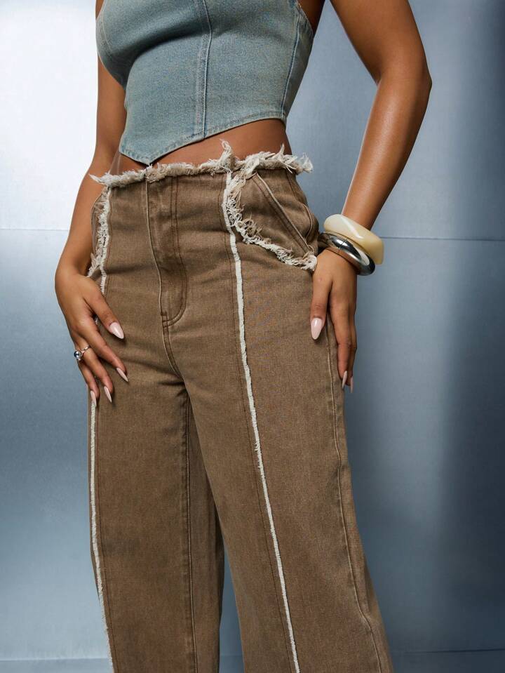 CM-BS009434 Women Casual Seoul Style Frayed Edge Detail Straight Fit Denim Jeans - Coffee Brown