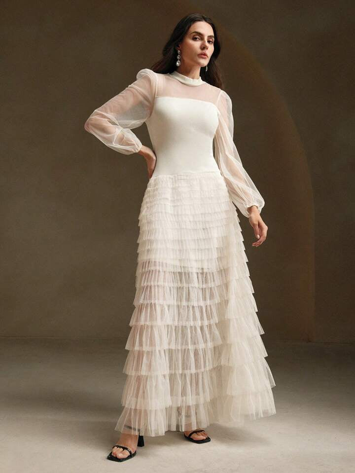 CM-DS765537 Women Elegant Seoul Style Stand Collar Long Sleeve Mesh Patchwork Layered Dress