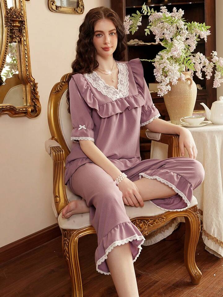 CM-LS629616 Women Trendy Seoul Style V-Neck Half Sleeve Lace Patchwork Pajama Set - Dusty Purple