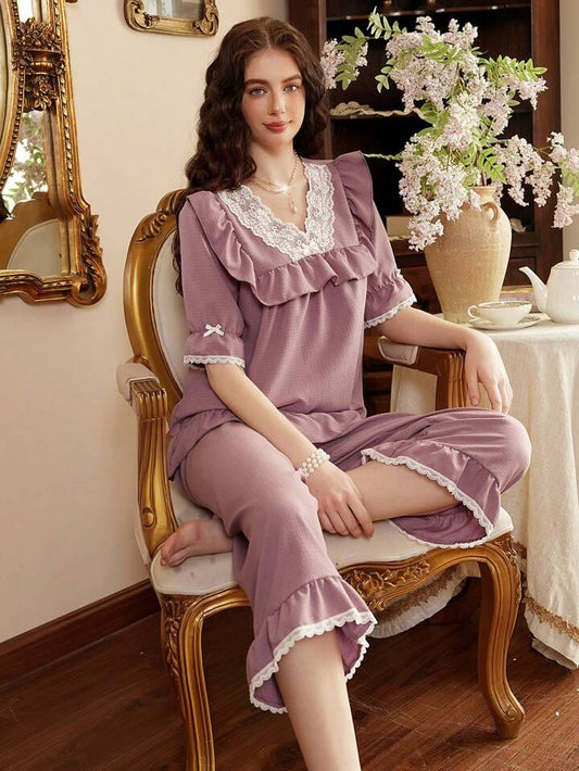 CM-LS629616 Women Trendy Seoul Style V-Neck Half Sleeve Lace Patchwork Pajama Set - Dusty Purple