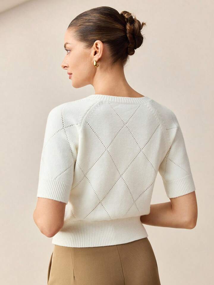 CM-TS942549 Women Casual Seoul Style Solid Color Round Neck Short Sleeve Knit Blouse - White