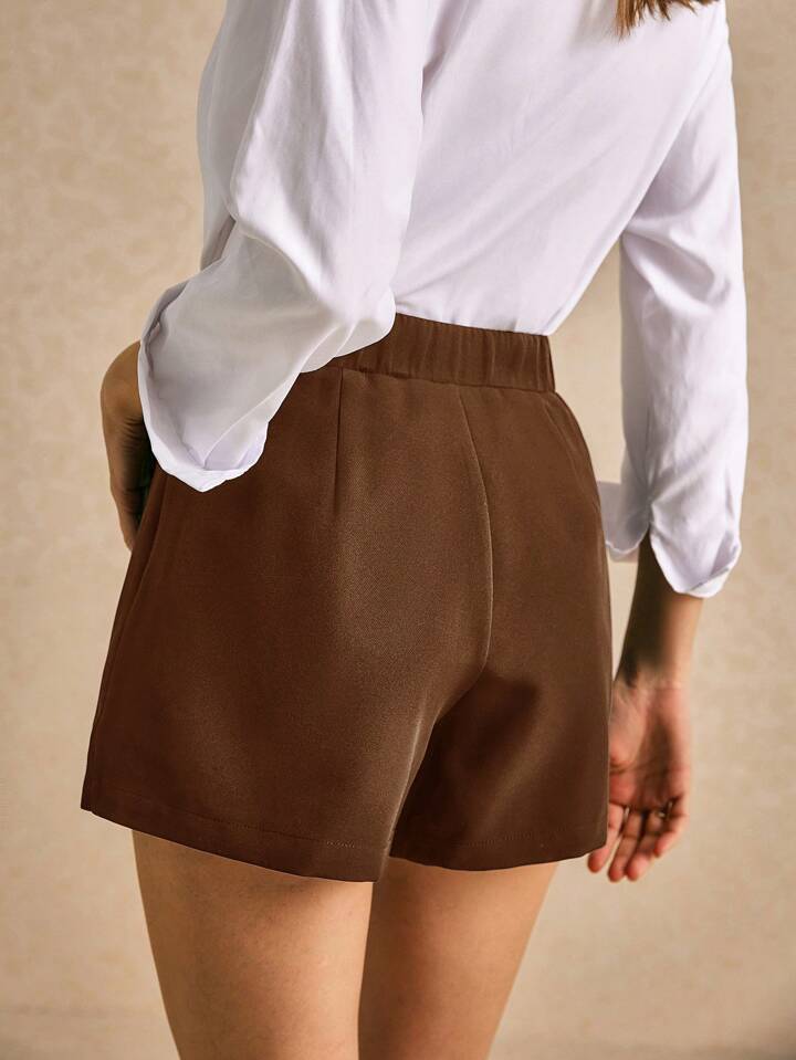 CM-BS032292 Women Casual Seoul Style High Waist Metal Ring Zipper Straight Skort - Brown