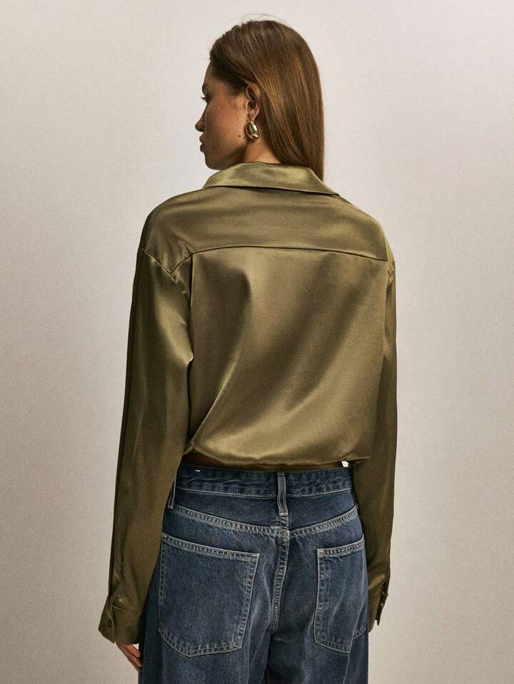 CM-TS161793 Women Elegant Seoul Style Collar Neckline Long Sleeve Drawstring Satin Blouse - Green