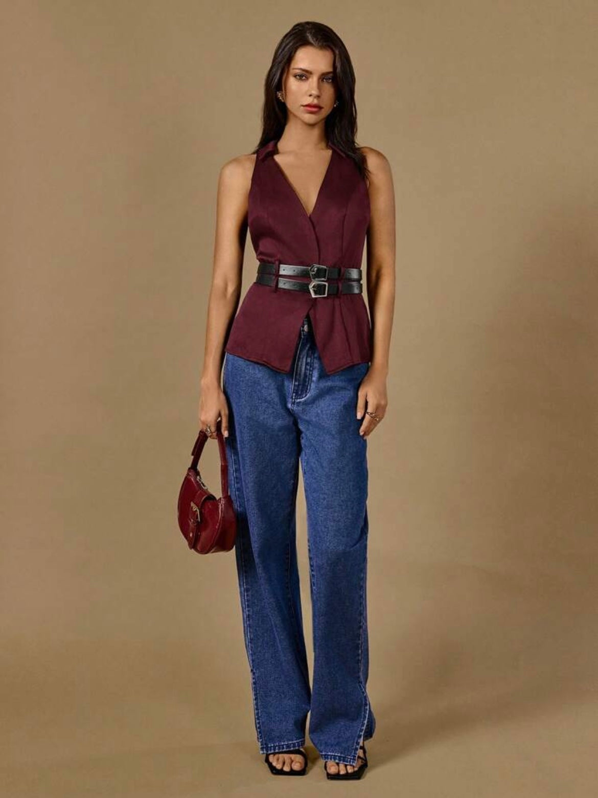 CM-TS250815 Women Casual Seoul Style Solid Color V-Neck Belted Sleeveless Blouse - Burgundy