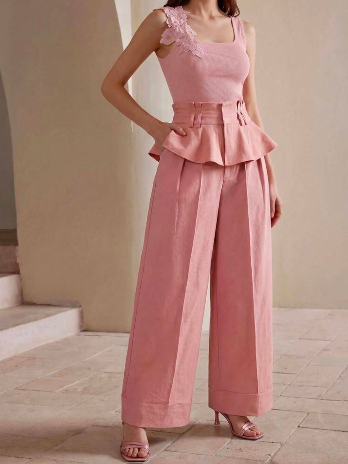 CM-BS252879 Women Elegant Seoul Style Pleated High-Waist Ruffle Hem Wide Leg Jeans - Pink