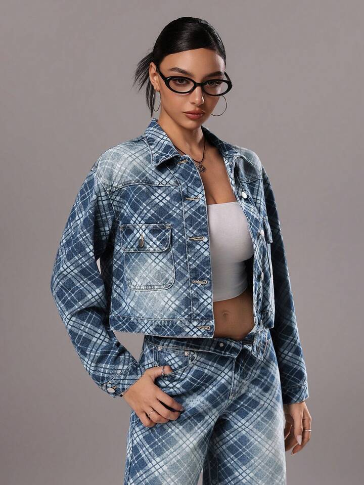 CM-CS876969 Women Casual Seoul Style Medium Wash Diamond Plaid Button-Up Denim Jacket