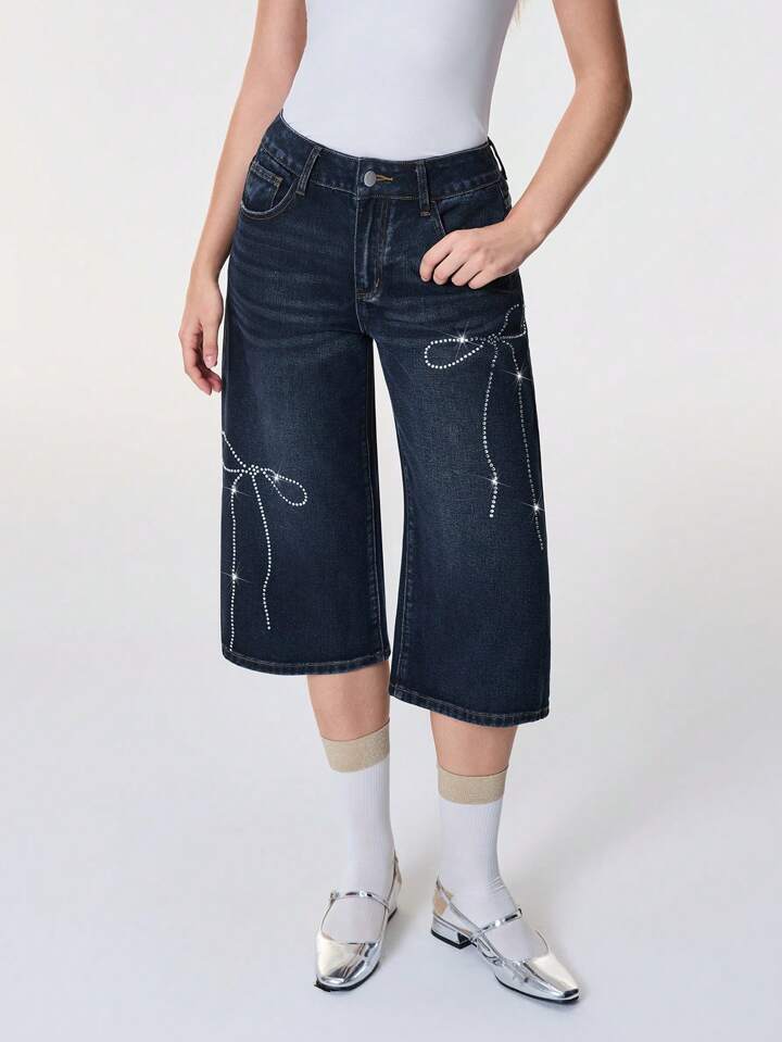 CM-BS709253 Women Casual Seoul Style Rhinestone Sequin Polka Dot Bow Loose Fit Jeans - Blue