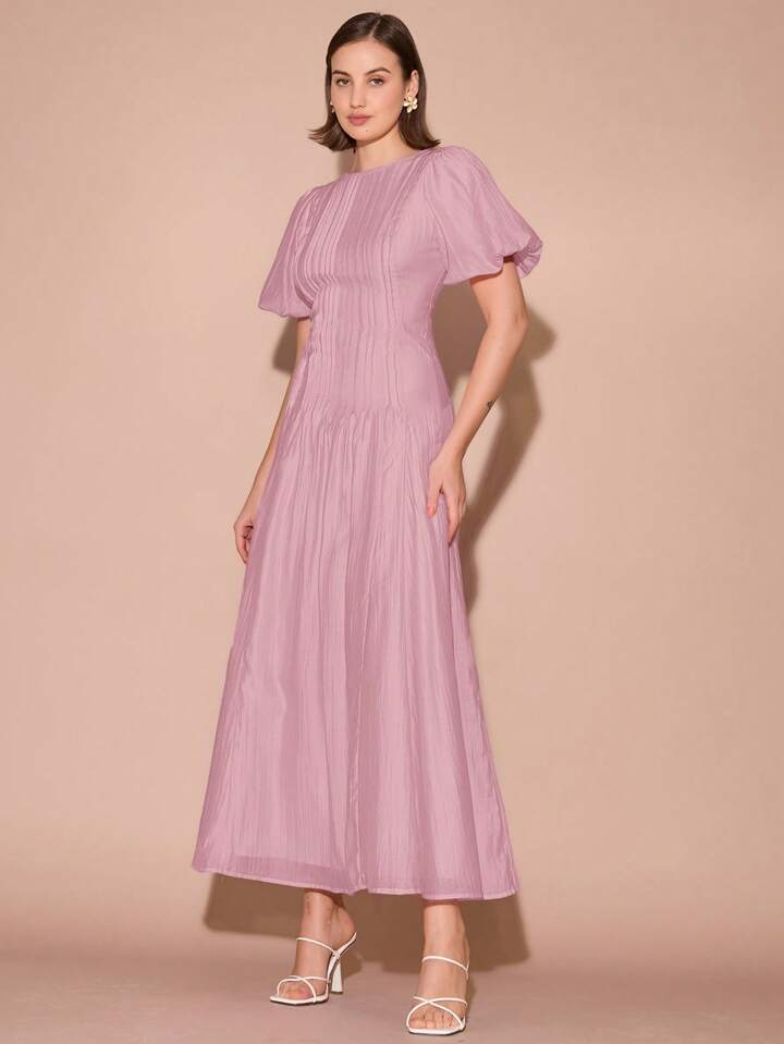 CM-DS126771 Women Elegant Seoul Style Round Neck Bubble Pleat Puff Long Sleeve Maxi Dress - Dusty Pink