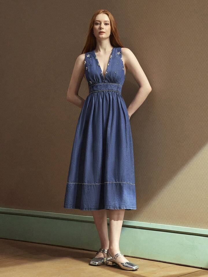 CM-DS211413 Women Casual Seoul Style Deep V-Neck Spaghetti Strap High Waist Denim Dress - Blue