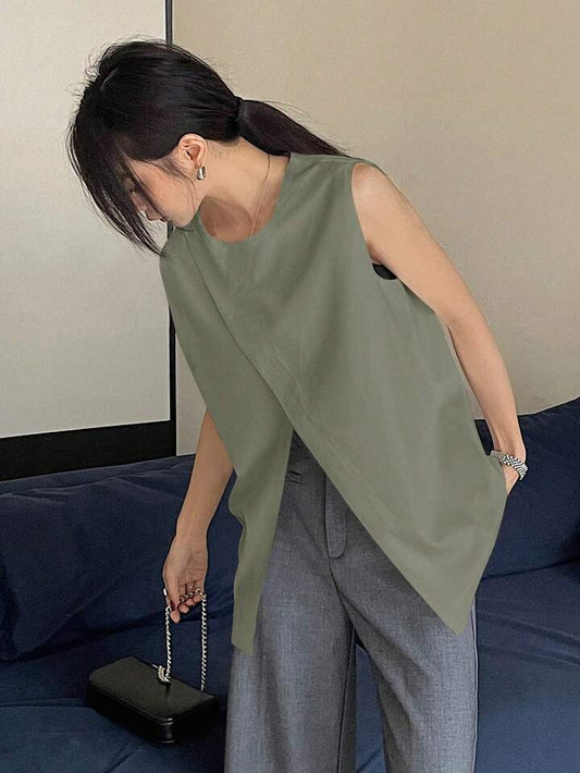 CM-TS250444 Women Casual Seoul Style Solid Color Wrap Side Slit Sleeveless Tank Top - Green