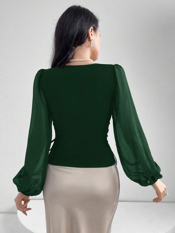 CM-TS801224 Women Elegant Seoul Style Sheer V-Neck Puff Lantern Sleeves Lace-Up Detail Blouse - Dark Green
