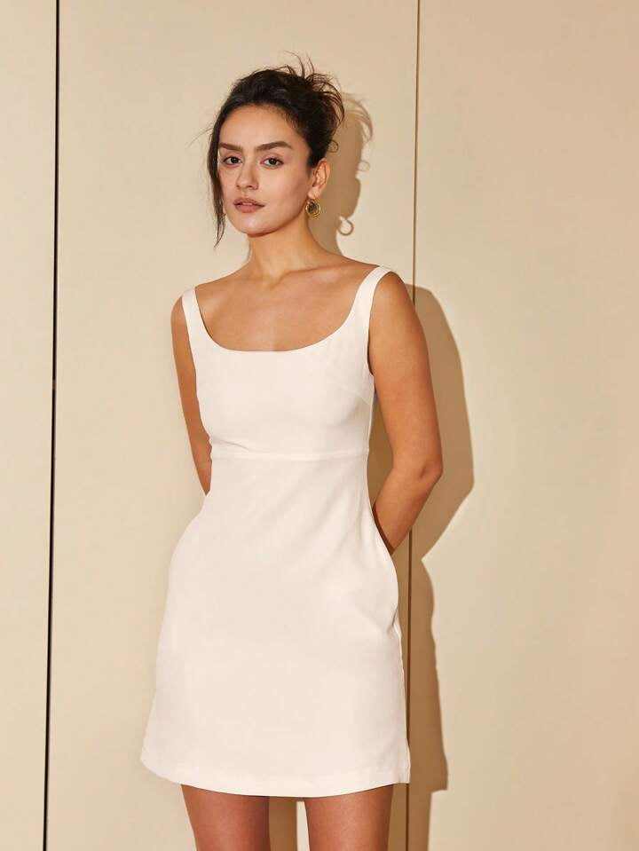 CM-DS239207 Women Elegant Seoul Style Solid Scoop Neck Sleeveless Mini Dress - White